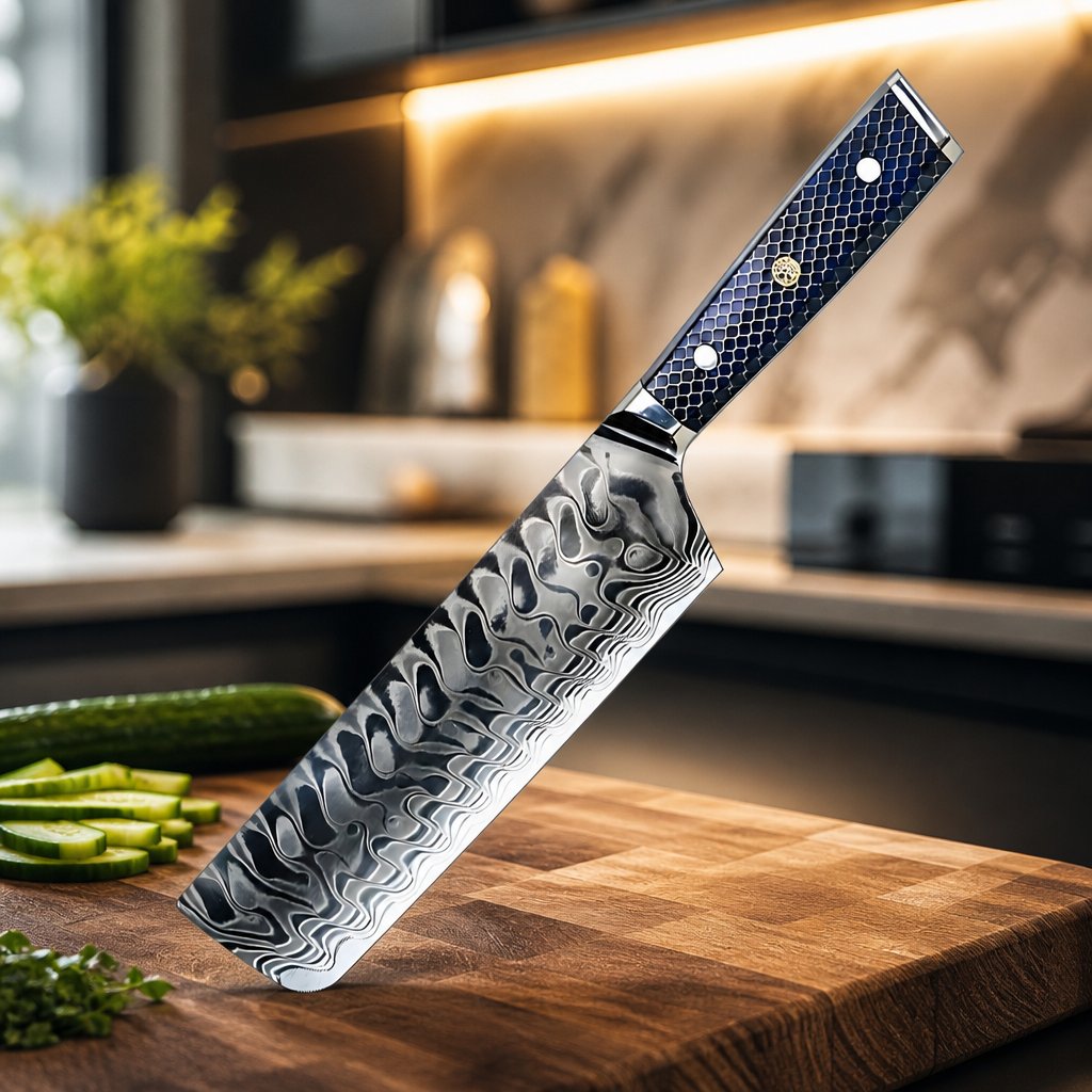 Damast Küchenmesser YU-37417 - Nakiri / Blau