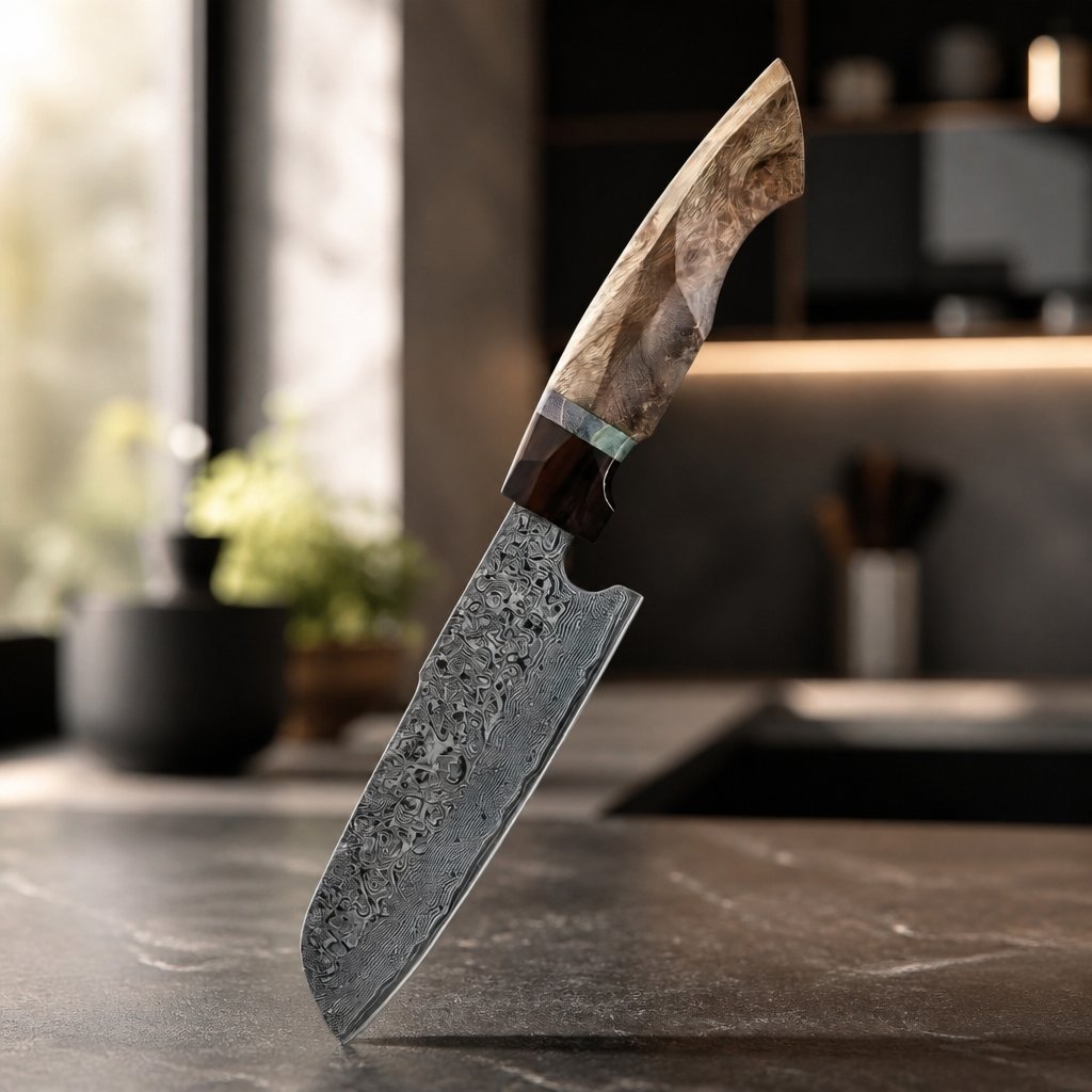 Damast Küchenmesser YU-37464 - Santoku / Braun